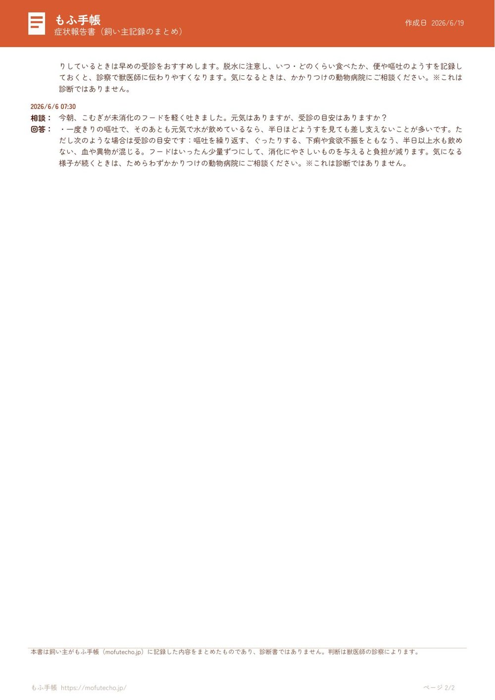 受診メモ(症状報告書)実物サンプル 2ページ目