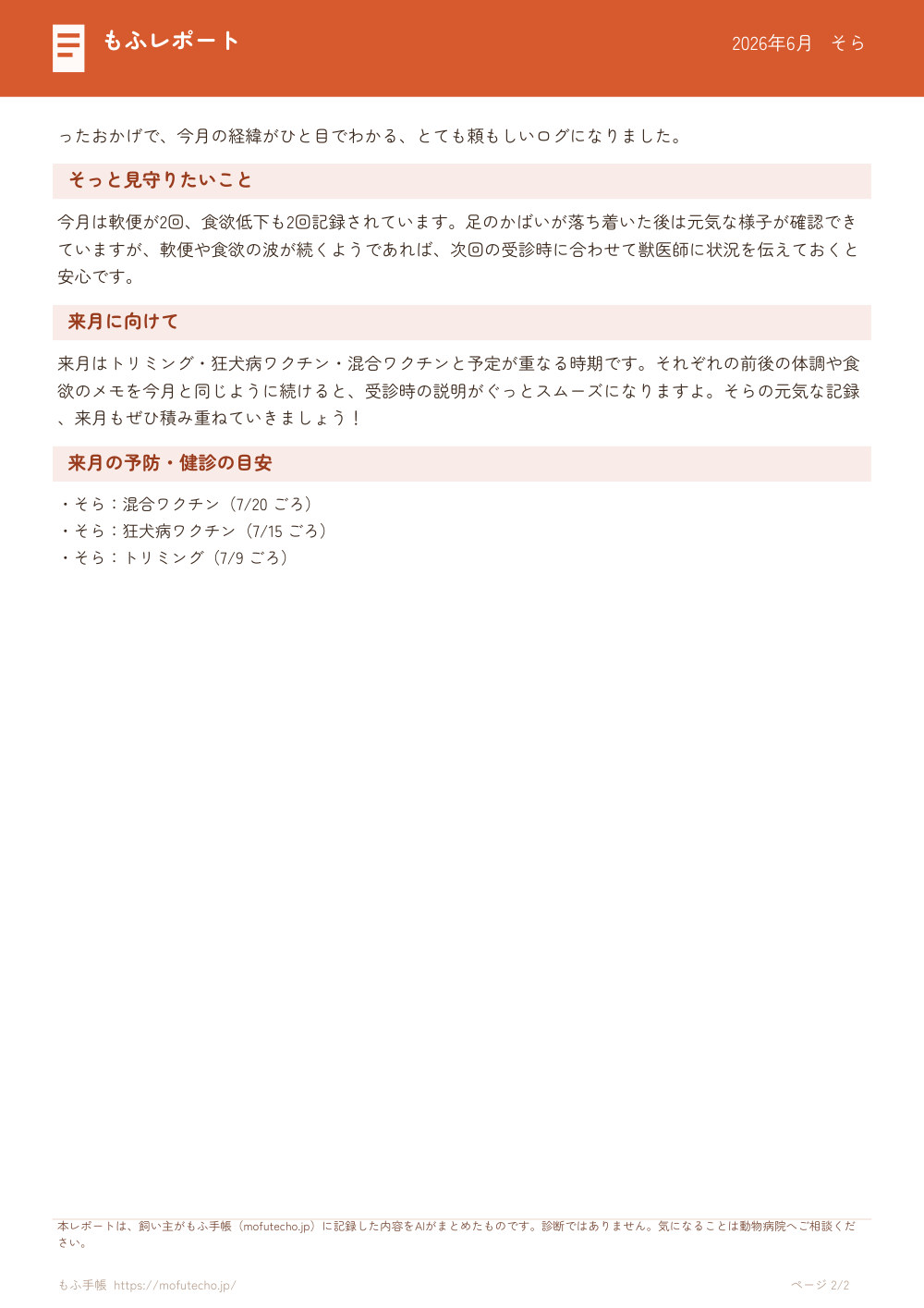 月次もふレポート 実物サンプル 2ページ目(そら)